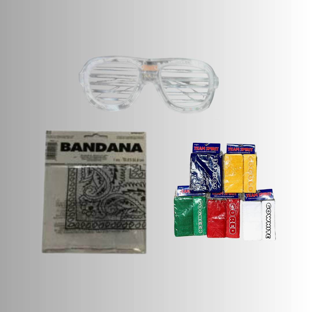 White team boys color war bundle with clear light-up shutter glasses, white paisley bandana, and packaged terry go team headband and wristband set on gray background