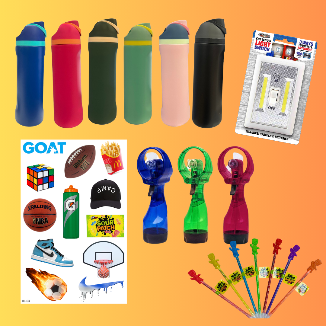 Refresh and Recharge camp bundle with six colorful water bottles, LED light switch, GOAT sticker sheet, handheld mist fans, and Sour Patch Kids pen toppers on orange gradient background