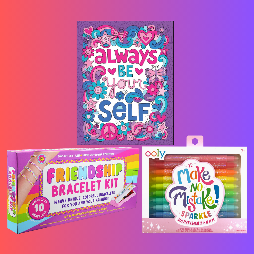 Creative Corner Kit with Always Be Yourself guided journal, Make No Mistake glittery erasable markers, and colorful friendship bracelet kit displayed together