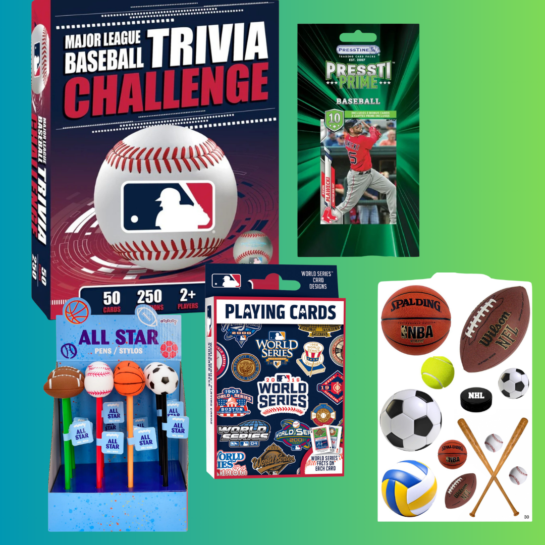 All Star Sports Package with MLB Trivia Challenge game box, PressTiprime baseball trading cards pack, World Series playing cards, multi-sport pen with ball toppers, and colorful sports ball stickers including basketball, football, baseball, soccer ball, volleyball, and tennis ball