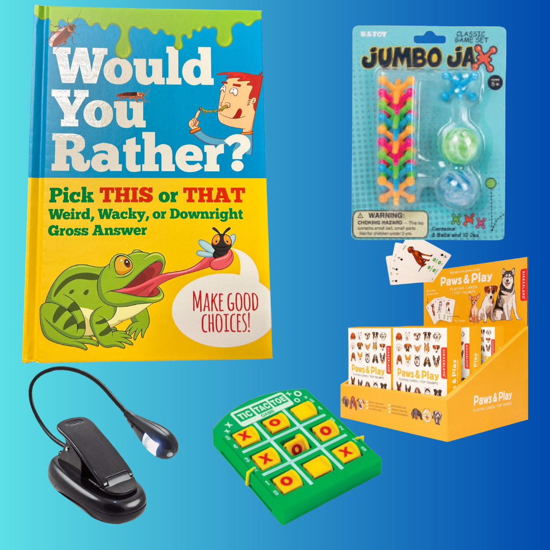 Cabin Night Bundle with Would You Rather book, Paws and Play dog themed playing cards, Jumbo Jax classic game set in green and yellow, LED flex neck book light, and Tic Tac Toe portable game on blue and teal background
