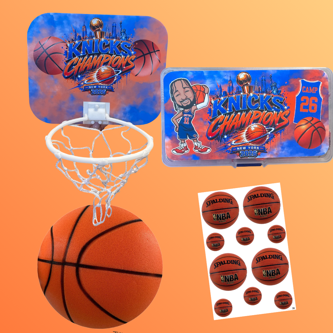 Go Knicks camp bundle featuring Knicks Champions backboard with mini basketball hoop, candy container with cartoon player, orange basketball, and Spalding NBA basketball stickers on orange background