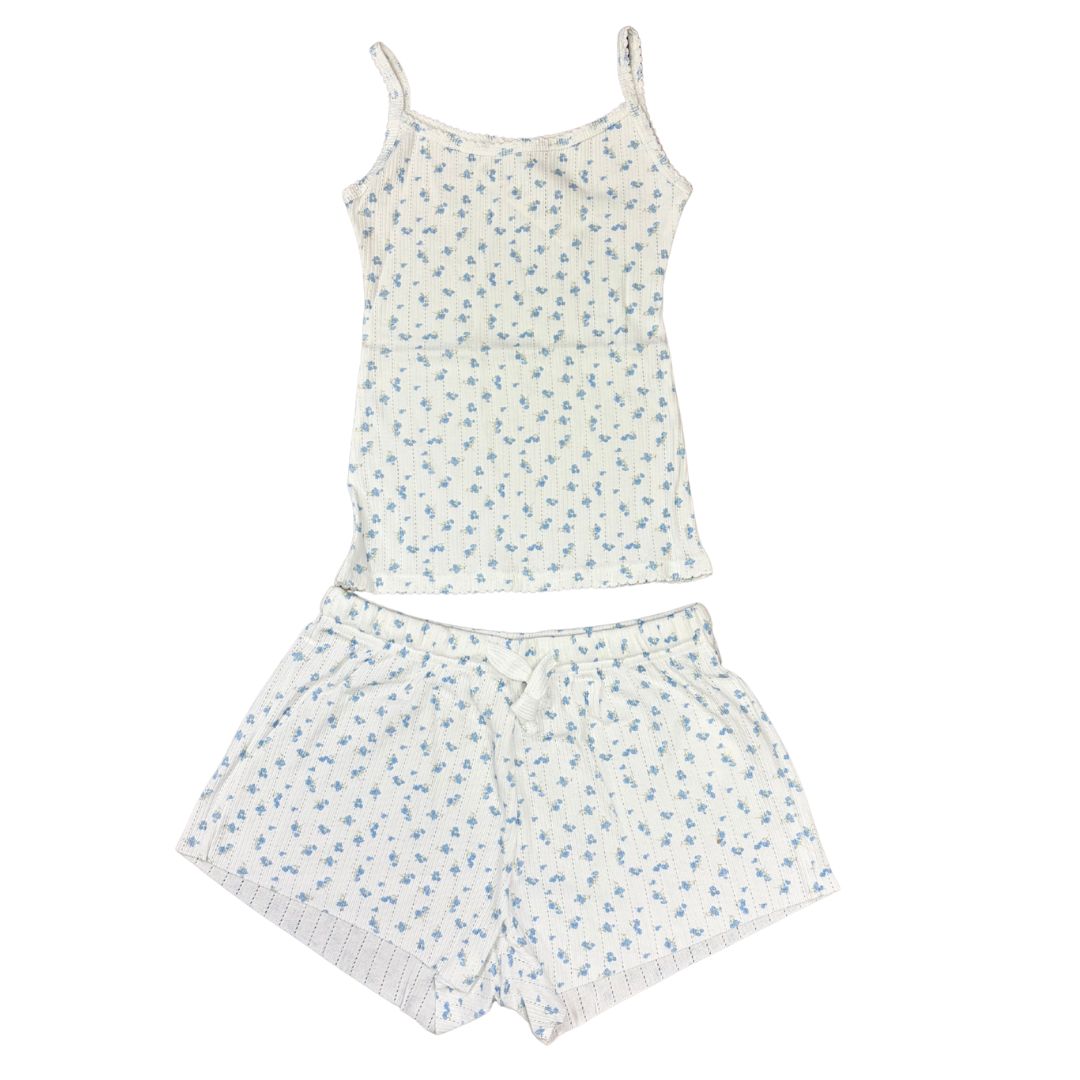 Blue Floral Pointelle Tank top and Shorts Set