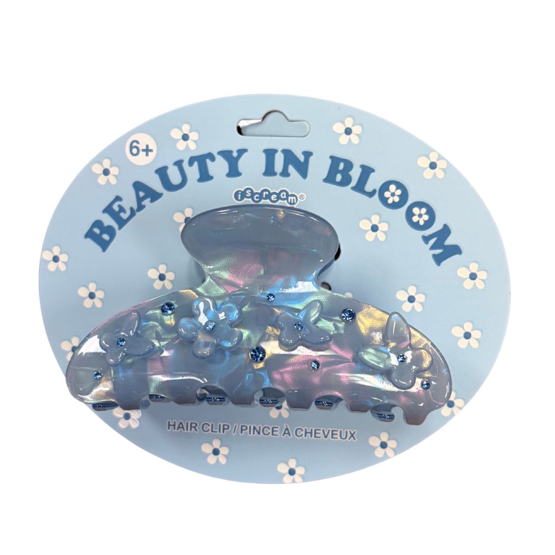 Blue Pearl Claw Clip on Beauty in Bloom card: iridescent blue hair clip with flowers and rhinestones