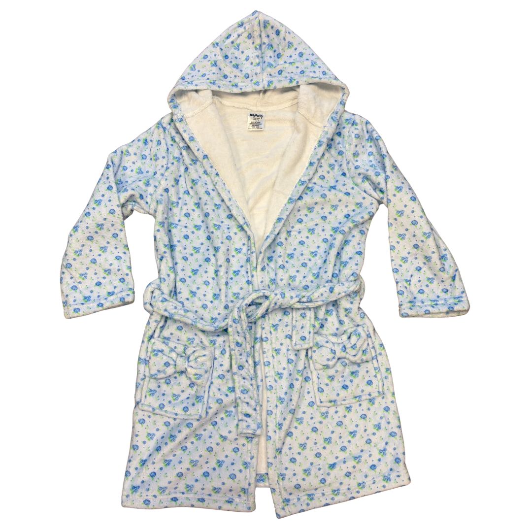 Blue ditsy floral hooded plush robe with bow-trimmed pockets and tie belt on white background