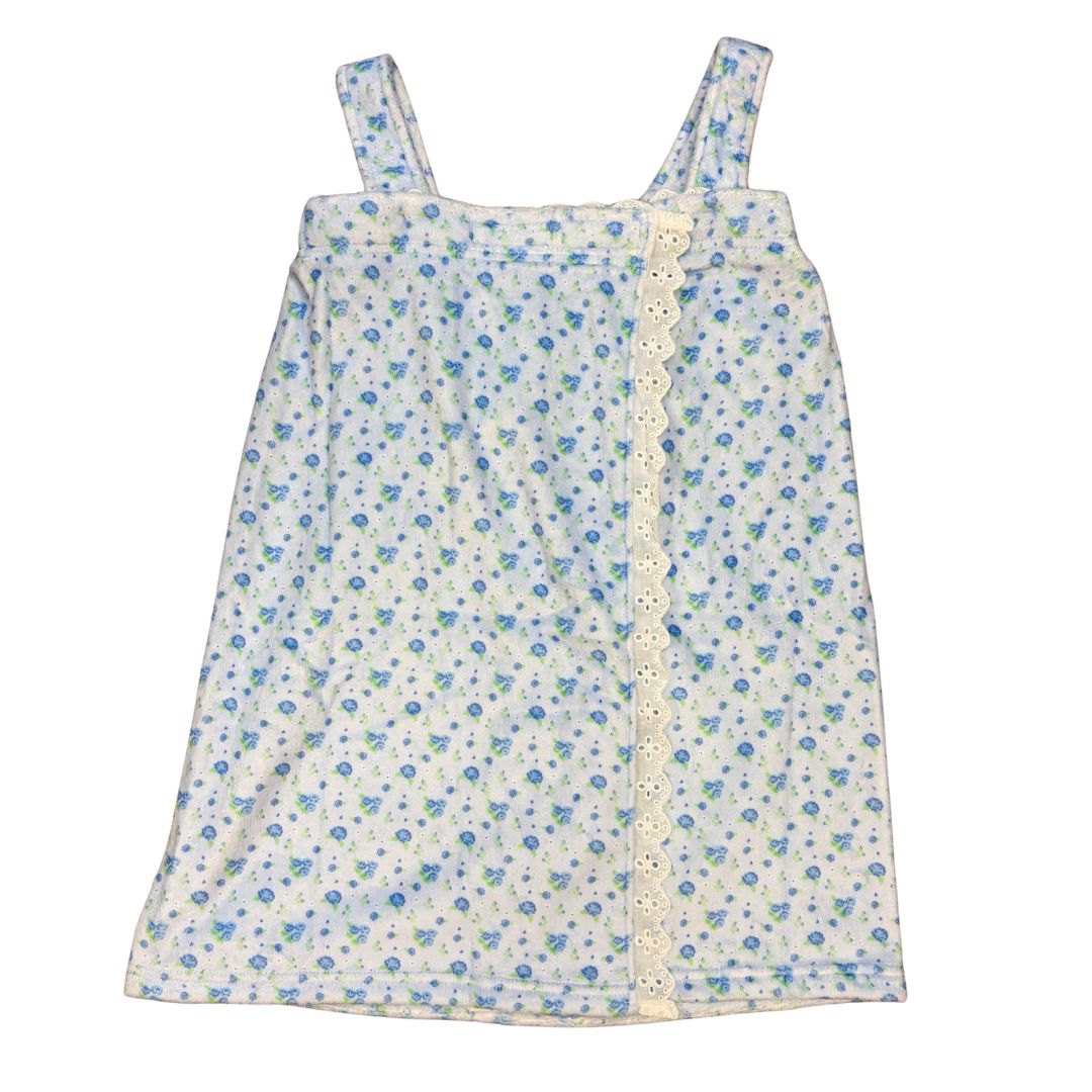 Blue ditsy floral spa wrap towel with shoulder straps and white eyelet lace trim for sleepaway camp showers