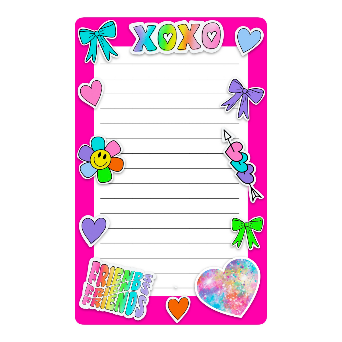 Friends lined camp notepad with a hot pink border, XOXO, bows, hearts, flower smiley and Friends text