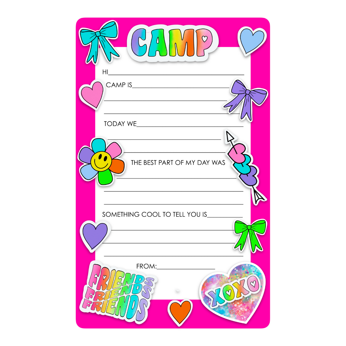 Friends Fill-In camp notepad with a hot pink border, CAMP, bows, hearts, flower smiley and Friends text
