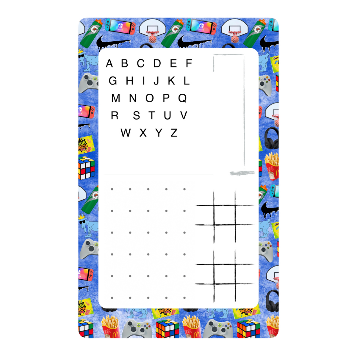 GOAT game pad with a blue sports pattern border, ABC letters, dot grid and tic-tac-toe