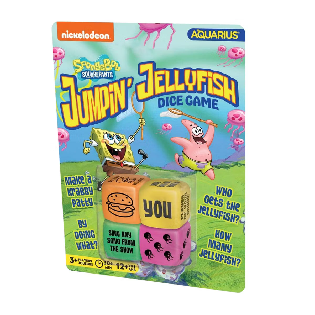 SpongeBob Jumpin' Jellyfish dice game package with four colorful dice and SpongeBob and Patrick artwork