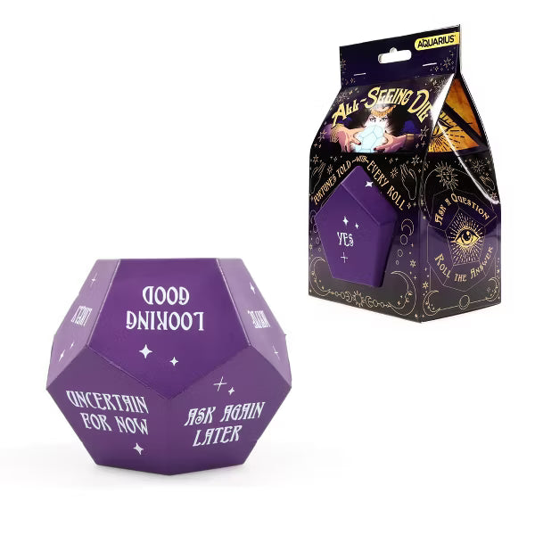 Purple pentagon-faced All-Seeing Die with Uncertain for Now and Ask Again Later, beside its box