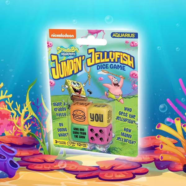 SpongeBob Jumpin' Jellyfish dice game package in an underwater coral scene