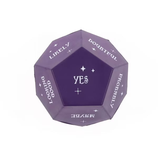 Top view of a purple All-Seeing Die showing Yes, Likely, Doubtful, Probably and Maybe faces