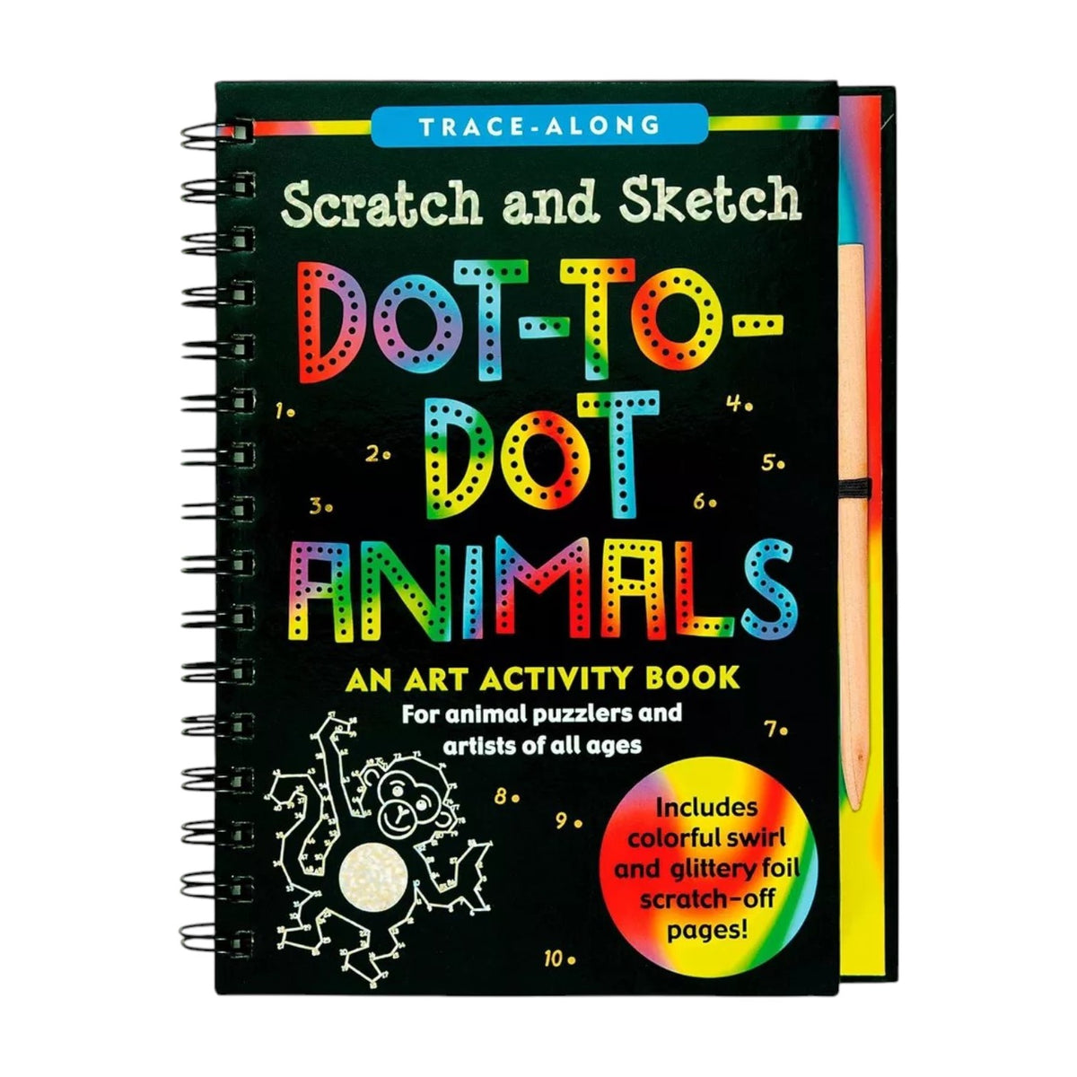 Scratch and Sketch Dot-to-Dot Animals activity book with rainbow lettering and a scratch pen