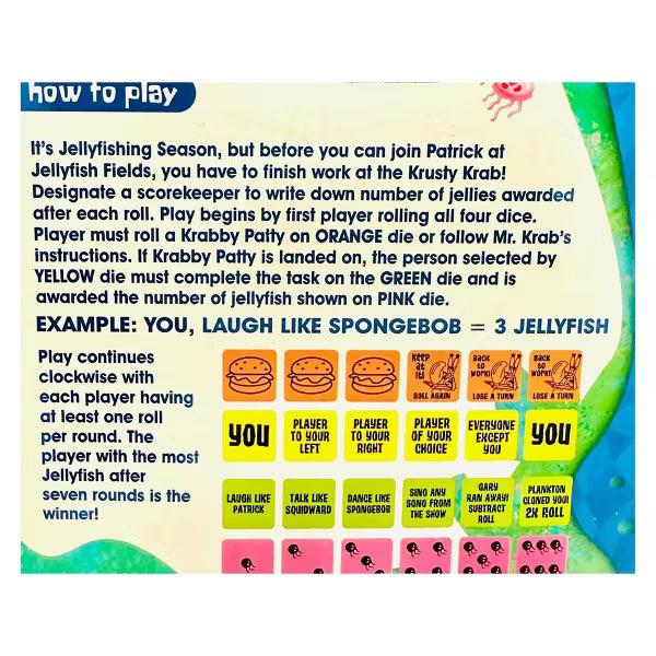 How to play instructions and dice faces for the SpongeBob Jumpin' Jellyfish dice game