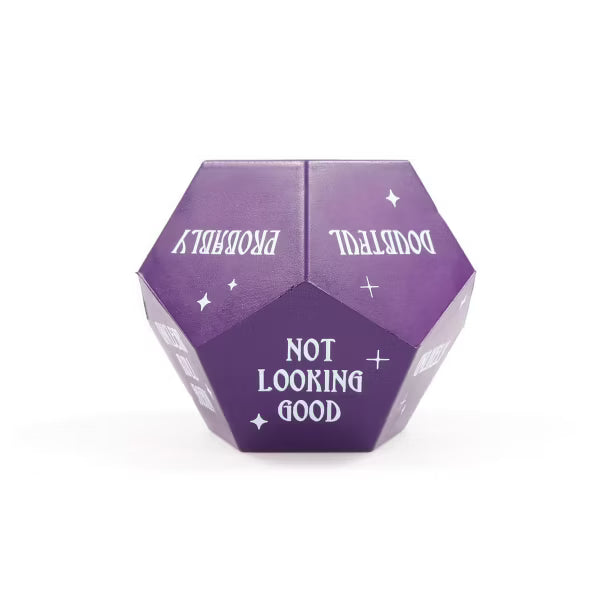 Purple All-Seeing Die showing Not Looking Good, Probably and Doubtful on its faces