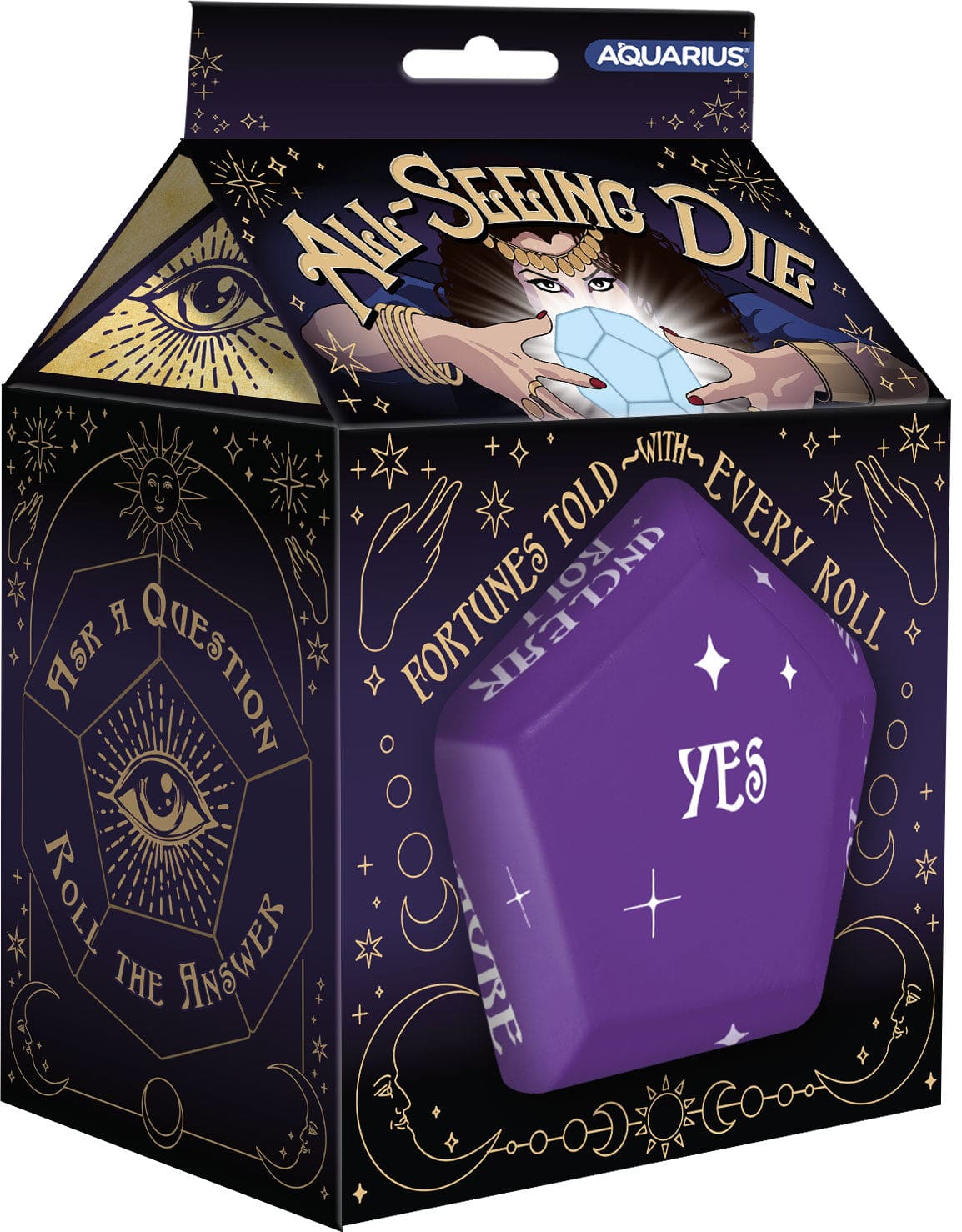 All-Seeing Die purple fortune-telling foam die in a boxed package with a crystal ball artwork