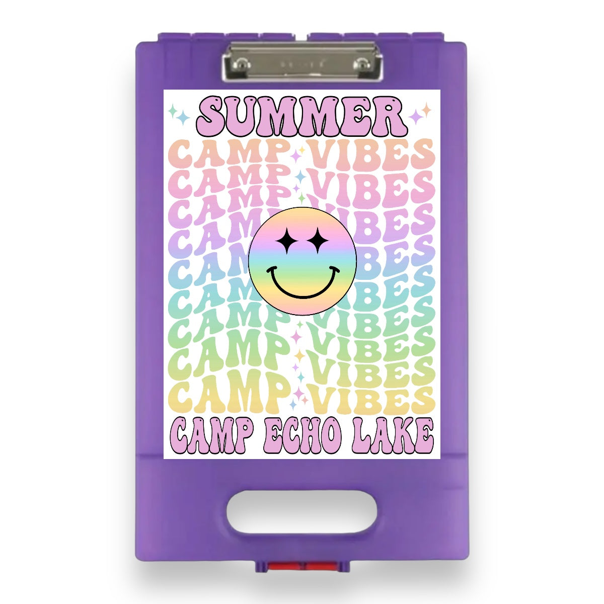 Pastel Camp Vibes Clipboard in purple on purple clipboard with rainbow gradient design, smiling face with sparkle eyes, and Summer Camp Vibes repeated text with Camp Echo Lake at bottom