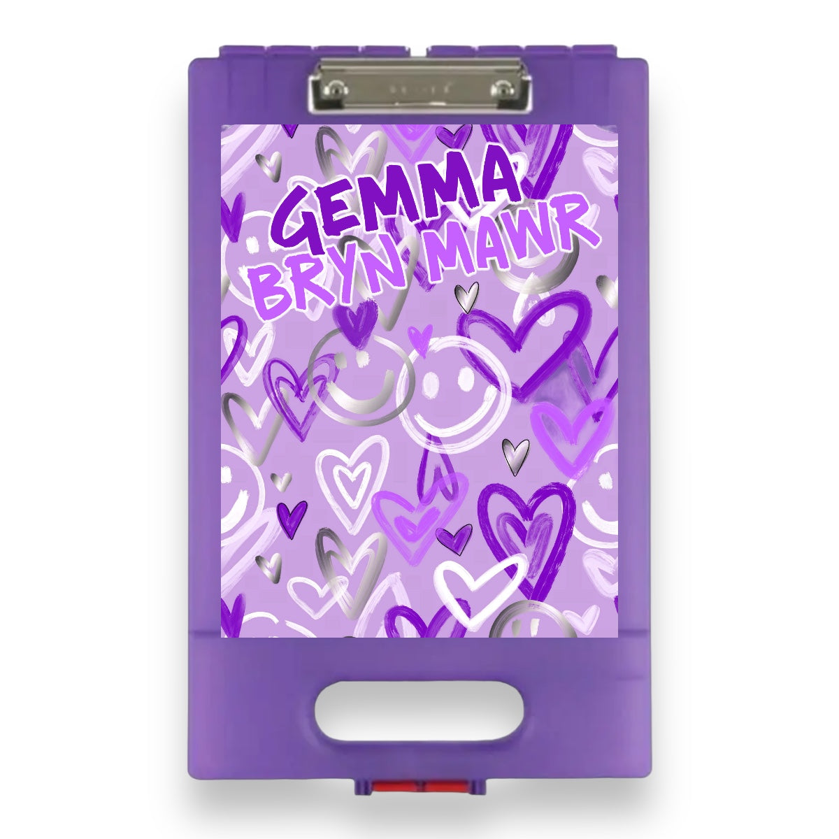 Purple clipboard with white and gray graffiti hearts and smiley faces design featuring metal clip and white storage pocket on front