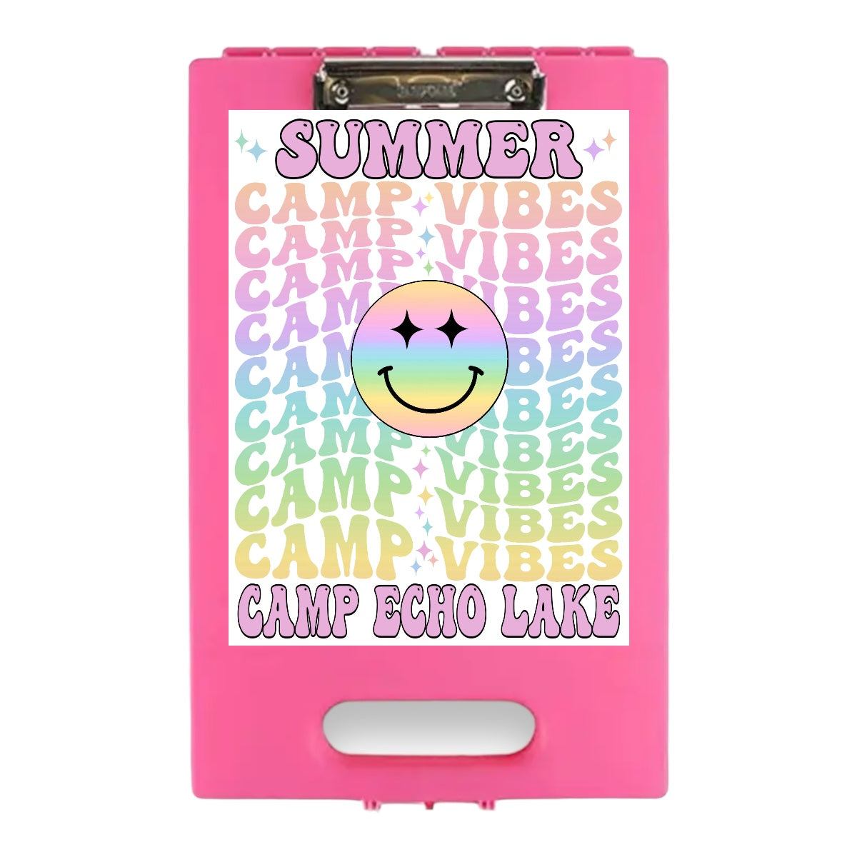Pastel Camp Vibes Clipboard in pink on pink clipboard with rainbow gradient design, smiling face with sparkle eyes, and Summer Camp Vibes repeated text with Camp Echo Lake at bottom