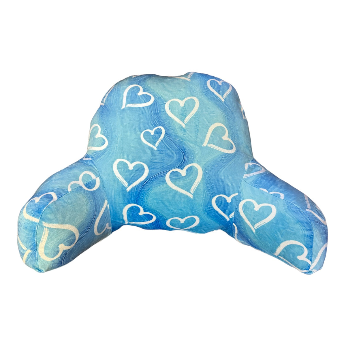 OG Blue Painted Hearts Camp Boyfriend Pillow with watercolor blue background and white hand-painted hearts, showing backrest design with two supportive arms