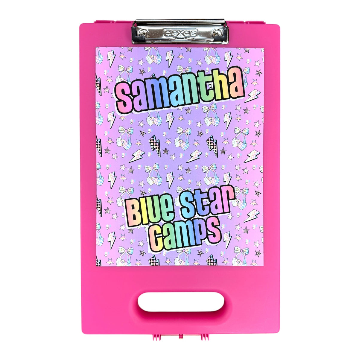 Electric Cherry Camp Clipboard in hot pink with purple and pink gradient background featuring white cherries, yellow lightning bolts, and star pattern design with metal clip