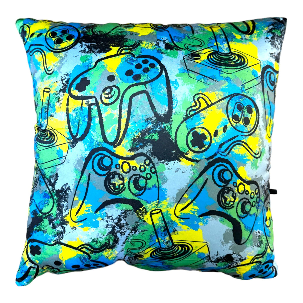 Bright gaming autograph pillow with blue, green, and yellow pattern featuring video game controllers and arcade joysticks on white background