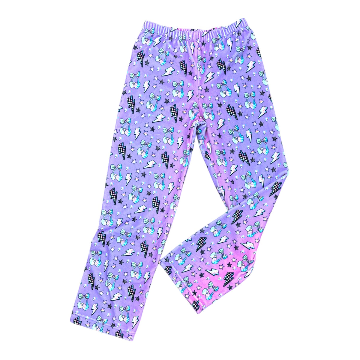 Electric Cherries fuzzy pants in purple and pink with cherries, bows, lightning bolts and stars