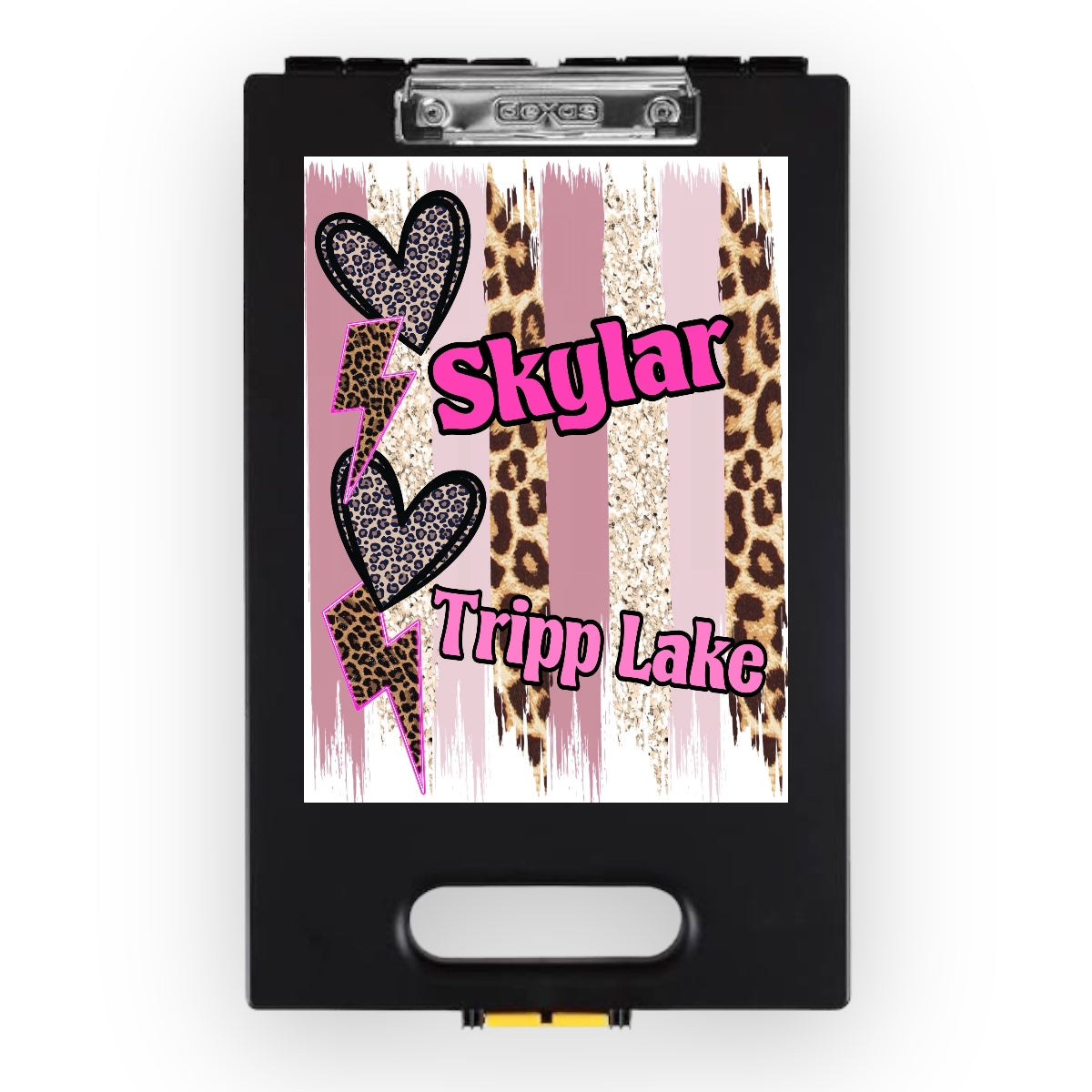 Camp Glam Clipboard with black plastic frame on white background featuring pink and white vertical stripes, leopard print accents, pink glitter hearts, and pink text reading Skylar Tripp Lake