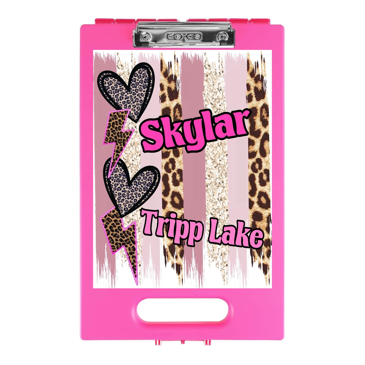 Camp Glam Clipboard with hot pink plastic frame featuring pink and white vertical stripes, leopard print accents, pink glitter hearts, and pink text reading Skylar Tripp Lake