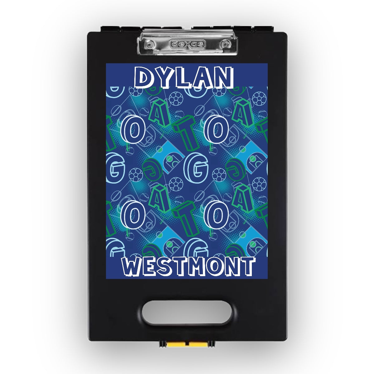 G.O.A.T. personalized camp clipboard in navy blue with sports graphics, shown on black clipboard with metal clip, featuring name Dylan and Westmont camp