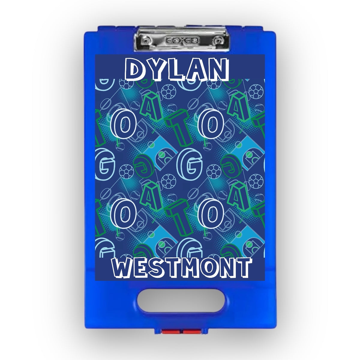 Blue personalized camp clipboard with athletic graphics and G.O.A.T. design, shown on bright blue clipboard with metal clip and bottom storage