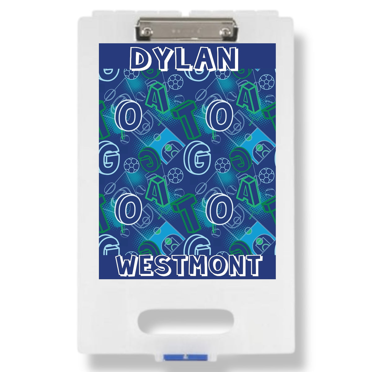 G.O.A.T. sports clipboard in navy blue pattern with soccer balls, basketballs, and G-O-A-T letters, displayed on white clipboard with storage compartment