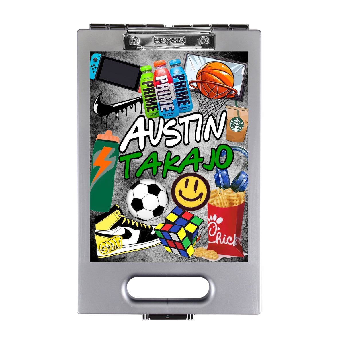 Cool Grunge clipboard on silver storage board featuring colorful collage design with gaming console, Prime bottles, basketball, soccer ball, sneakers, Chick-fil-A fries, smiley face, Rubik's cube and name Austin Takajo in white and green graffiti text