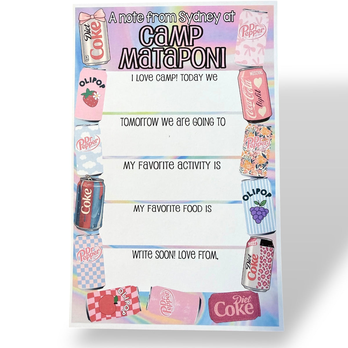 Cool Pop (Soda) Fill-In Notecards with soda cans border and fill-in prompts, "Camp Mataponi"