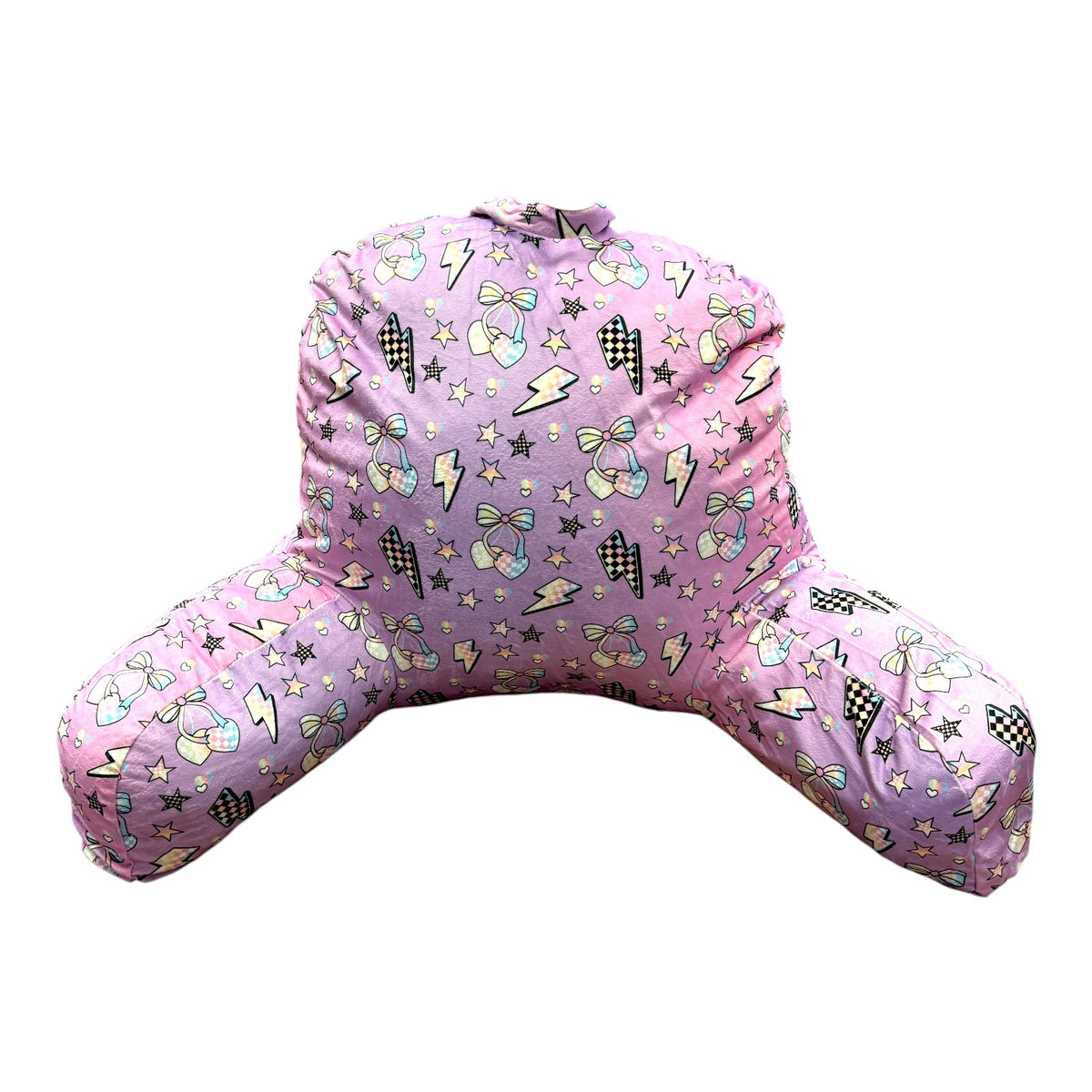 Electric Cherries Camp Boyfriend Pillow in purple with cherries, bows, bolts and stars