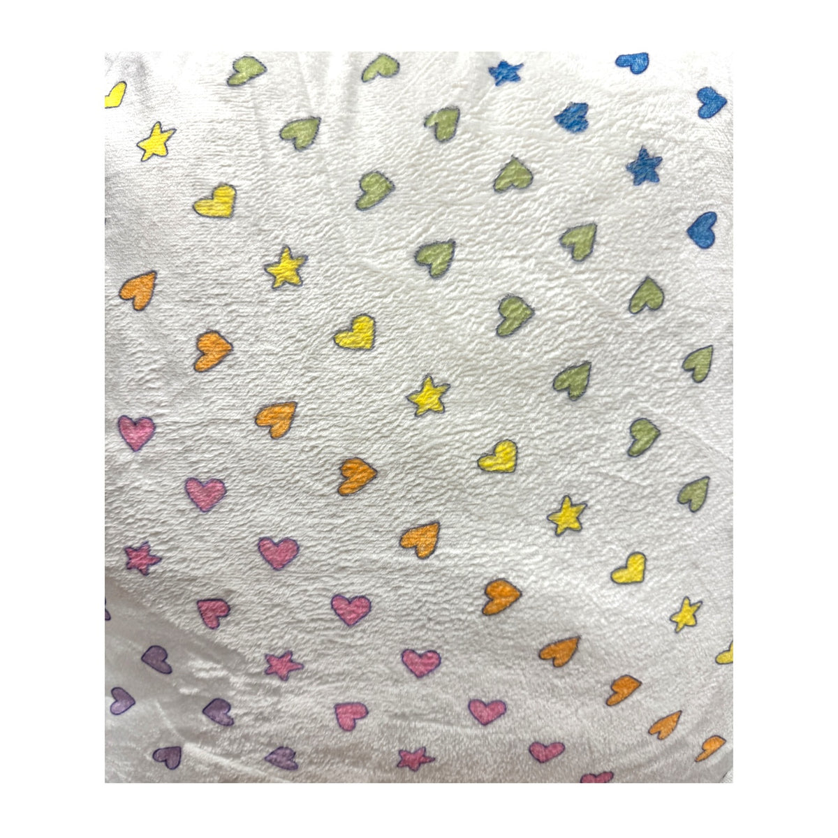 Cosmic Hearts Camp Boyfriend Pillow fabric close-up of rainbow hearts and stars on white plush