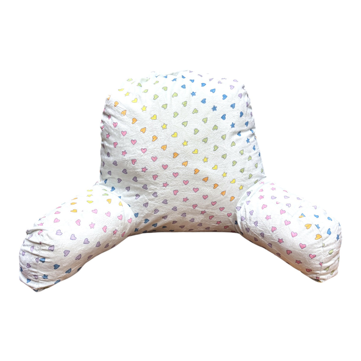 Cosmic Hearts Camp Boyfriend Pillow in white with tiny rainbow hearts and stars