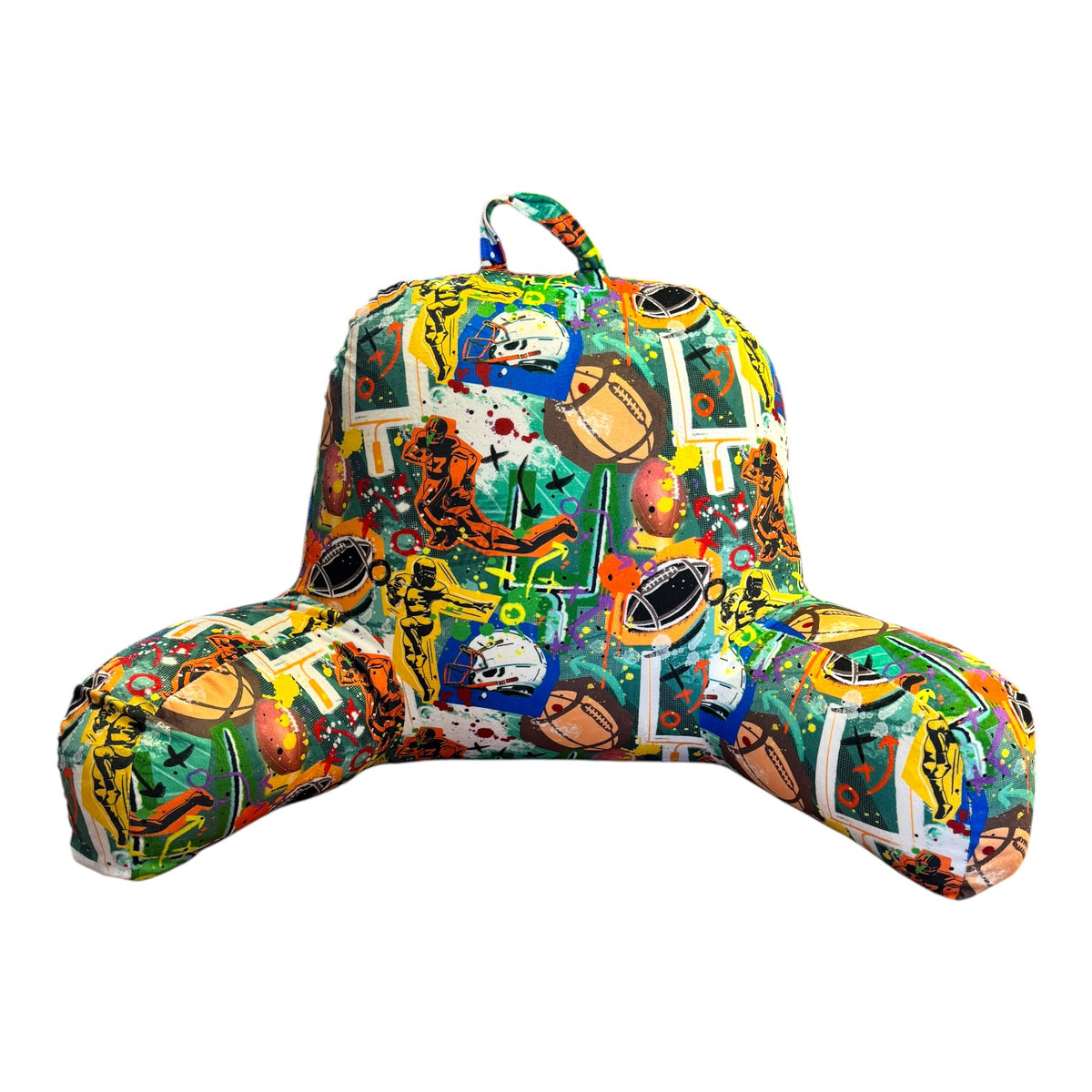 Graffiti Football Camp Bedrest pillow with colorful graffiti footballs, helmets and goalposts