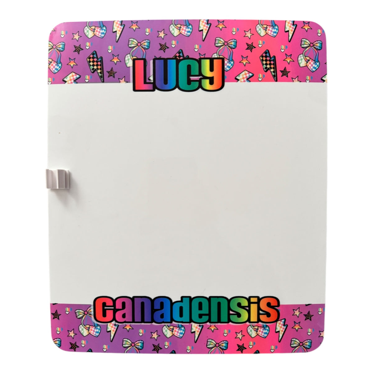Electric Cherries dry erase board with colorful rainbow cherries pattern border on purple and pink gradient background, featuring LUCY in rainbow letters at top and canadensis in rainbow letters at bottom