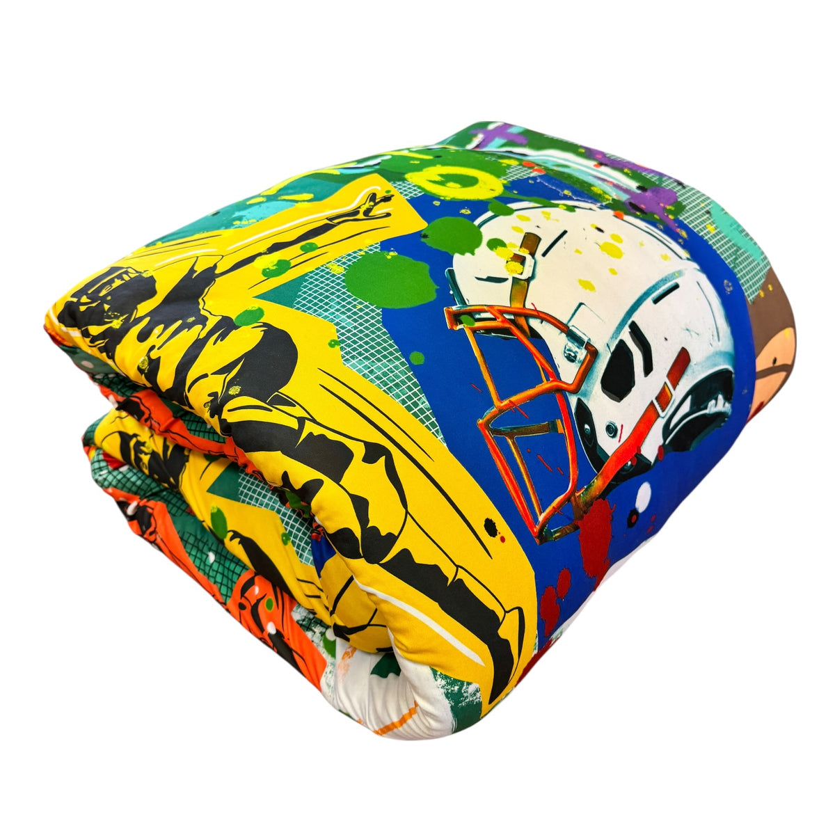 Graffiti Football Camp Comforter folded, showing yellow, blue and green football helmet graffiti print