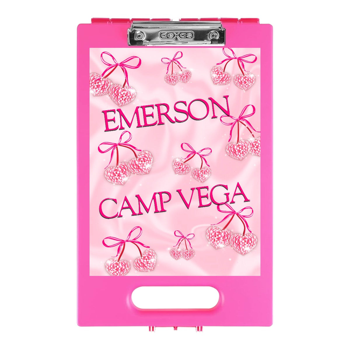 Disco Cherries clipboard on hot pink clipboard with pink background featuring pink and white checkered cherries with bows pattern, name Emerson and Camp Vega text