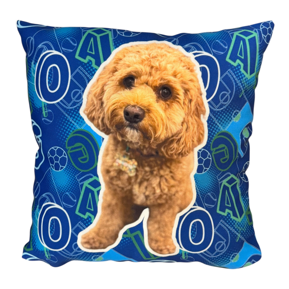 G.O.A.T. photo and note pillow with golden doodle dog image on blue sports-themed background with numbers and letters