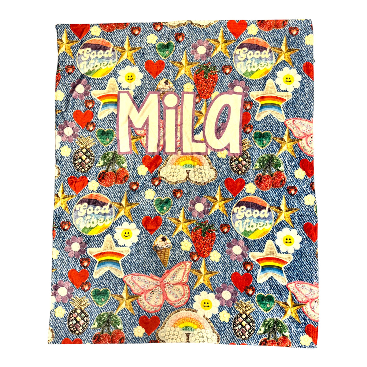 Sparkles, Patches and Denim Fuzzy Camp Blanket with denim print, rainbows, stars, hearts and name Mila