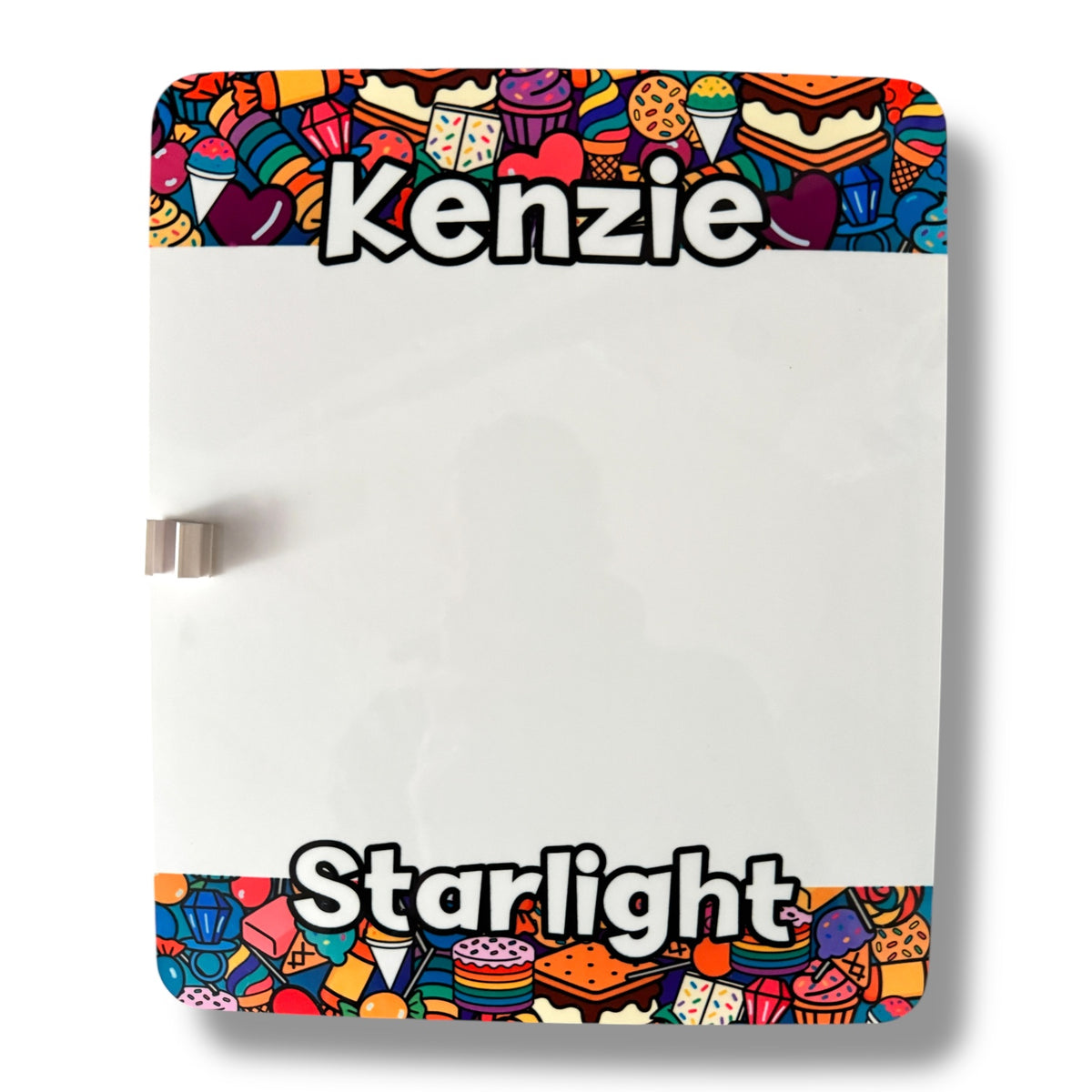 Let Me See You Tootsie Roll dry erase board with colorful candy and dessert illustrations including ice cream cones, cupcakes, donuts, and cake slices on white board background