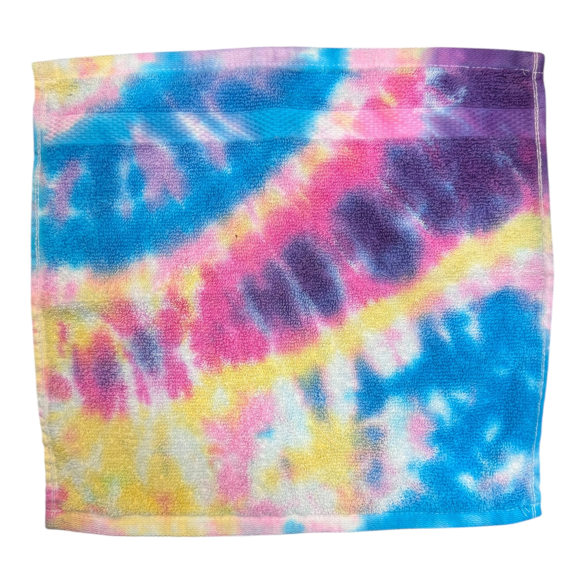 Scarlet Begonias tie dye terry washcloth in vibrant blue pink purple and yellow swirl pattern on white background
