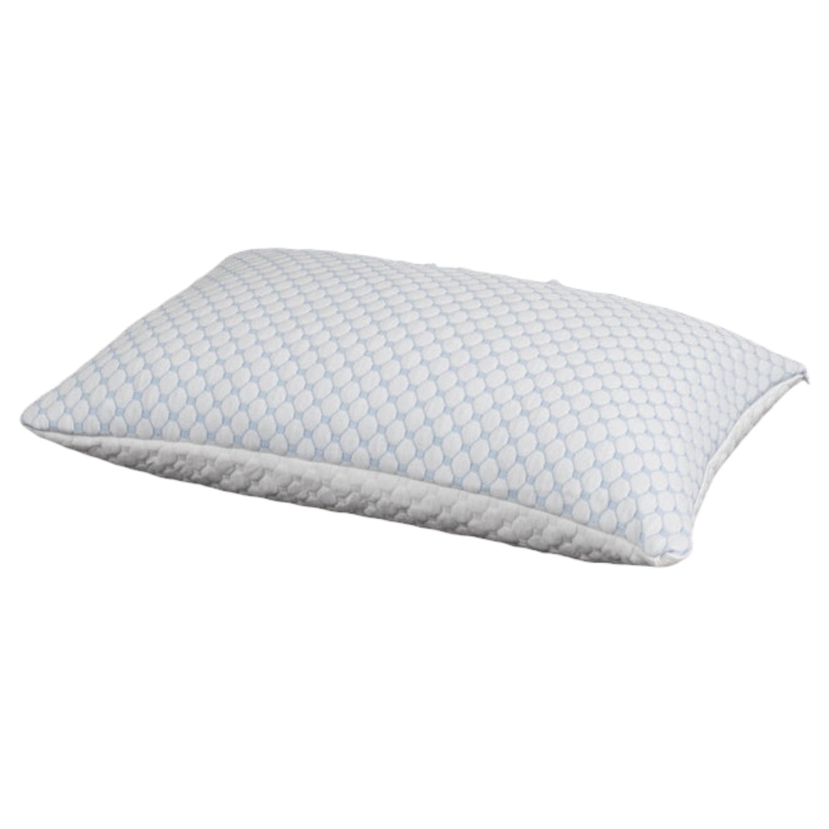 White memory foam pillow with light blue and white diamond-pattern textured cover shown on white background