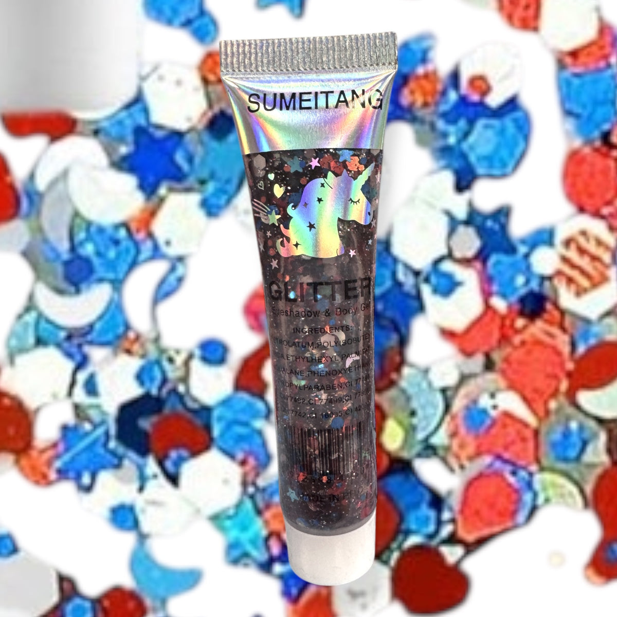July 4th Sparkling Body Glitter tube with red, white and blue glitter pieces