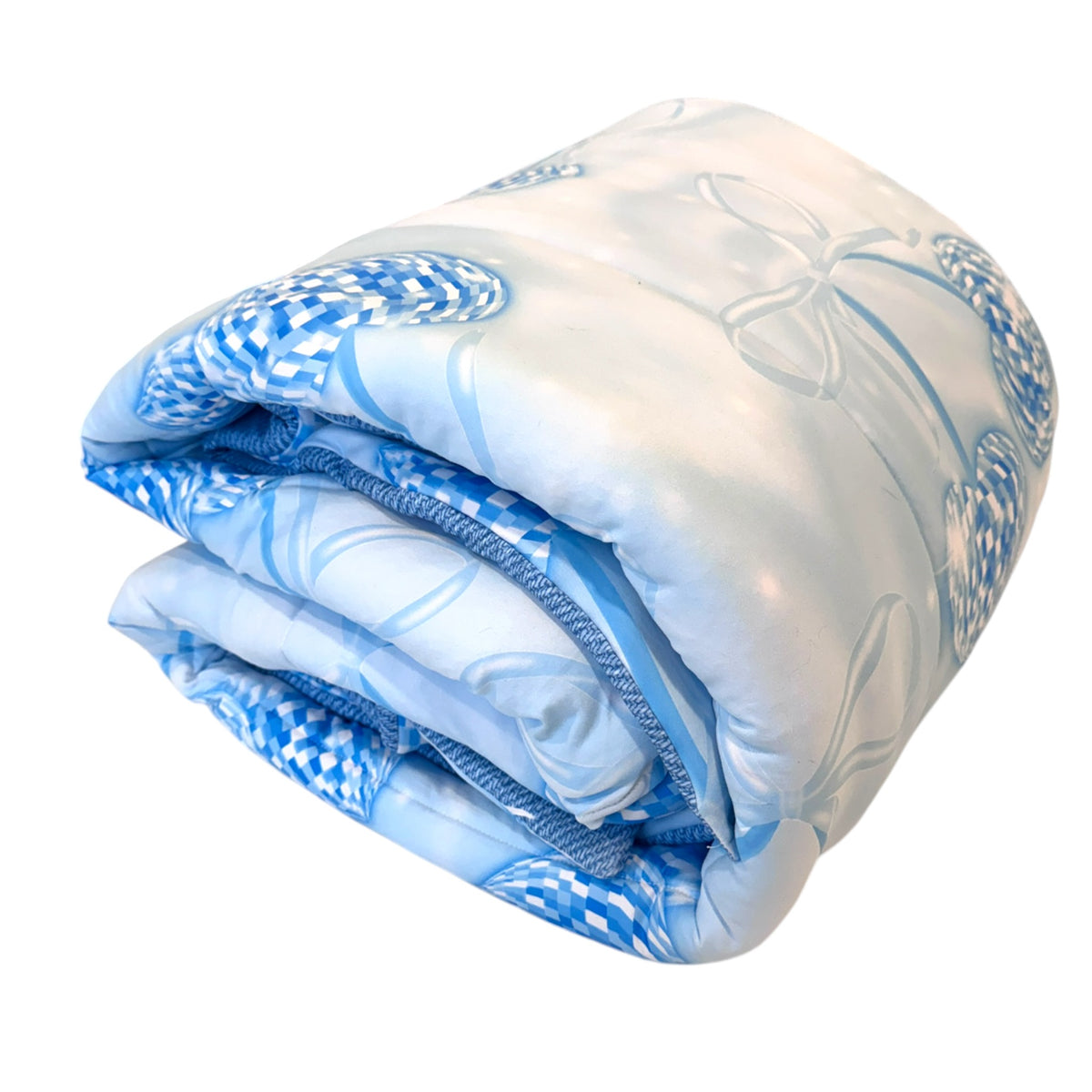 Denim and Diamonds camp comforter folded to display both reversible sides with blue cherries and denim print