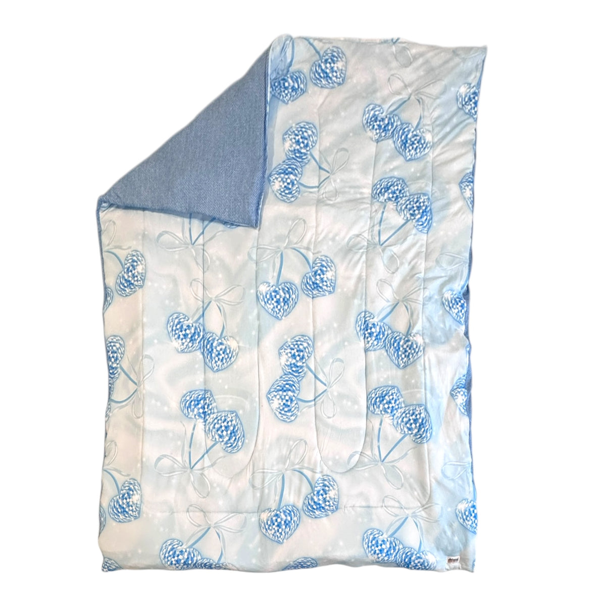 Denim and Diamonds reversible camp comforter with blue disco ball cherries on light blue ombre background laid flat